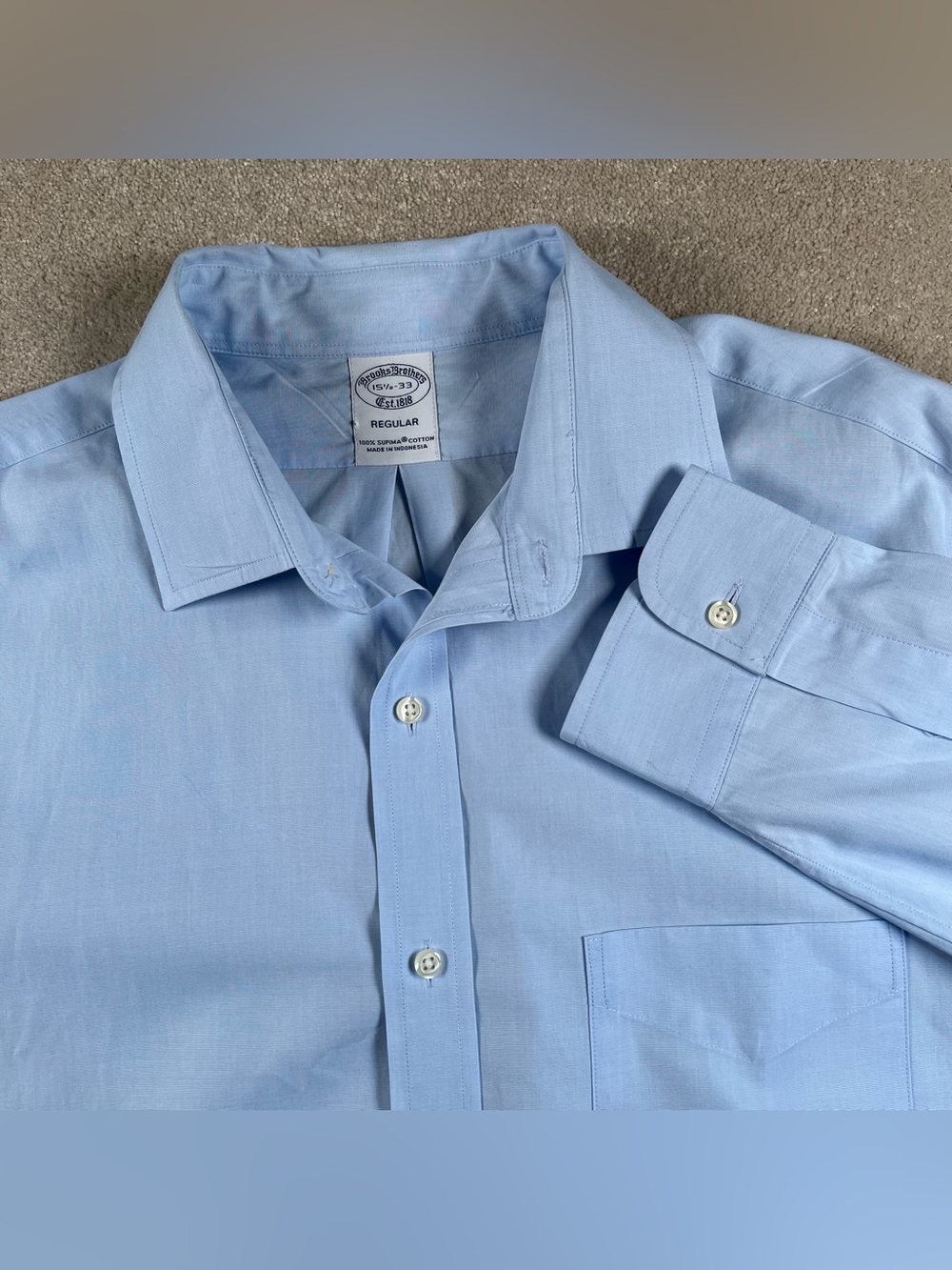 Brooks Brothers Button Up Dress Shirt Pocket Front Blue Mens 15.5-33 Lightweight